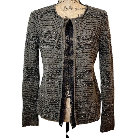 AMARYNTH Women's Alpaca Wool Italian Crocheted Lace Trim Cardigan Size Large - Picture 8 of 13